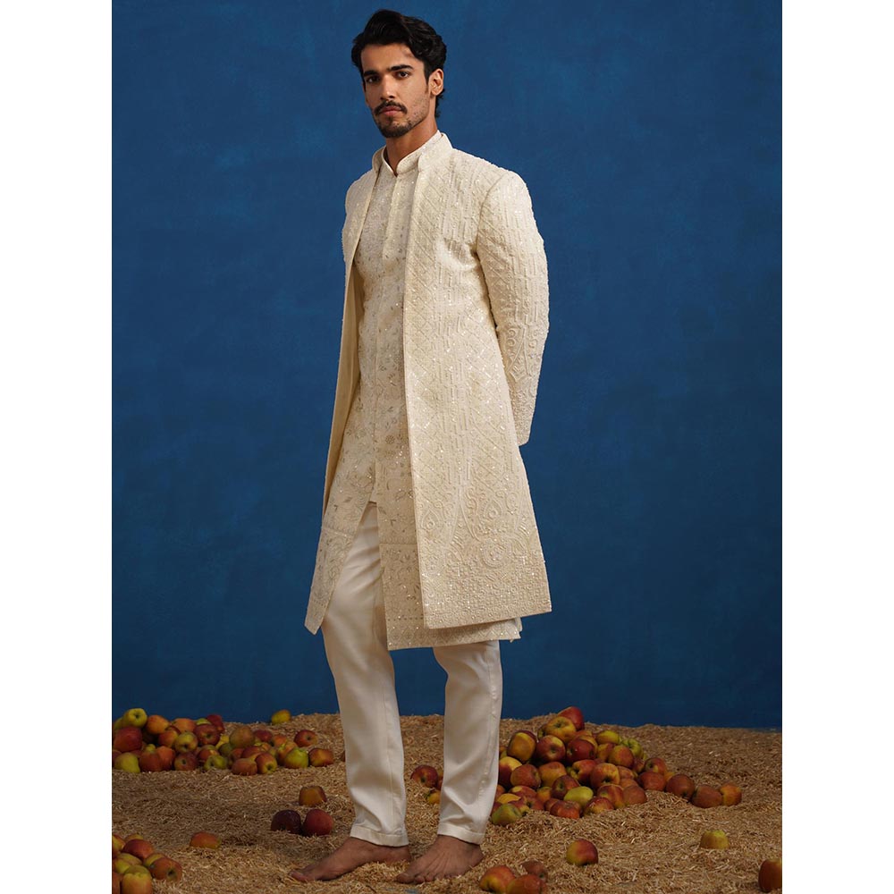 KALPRAAG Anant Cut dana Ivory Sherwani With Kurta And Pant