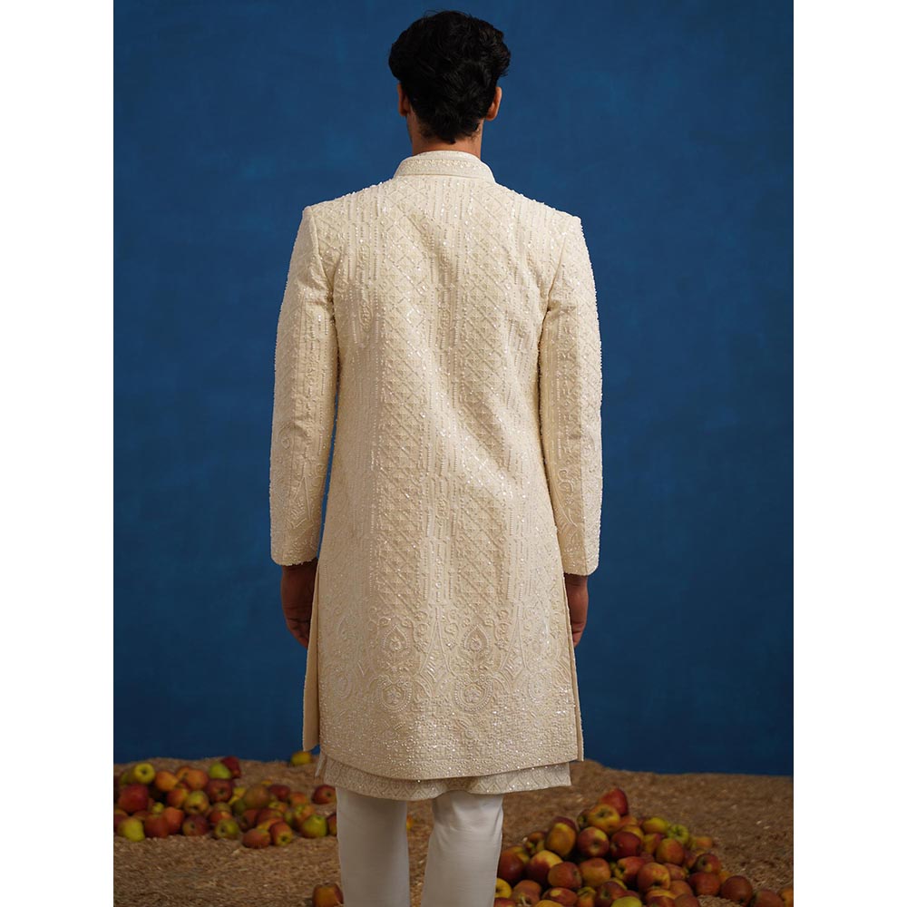 KALPRAAG Anant Cut dana Ivory Sherwani With Kurta And Pant