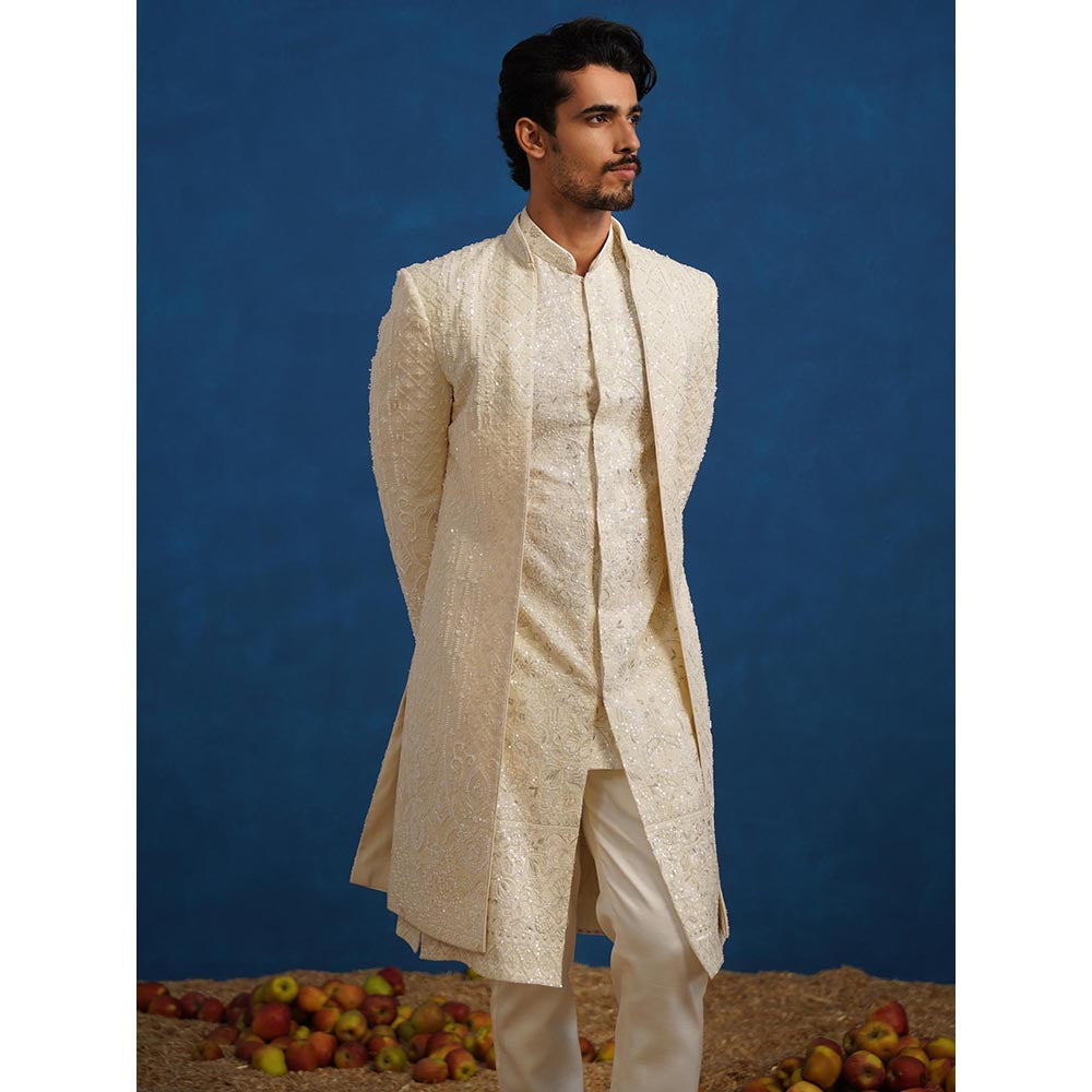 KALPRAAG Anant Cut dana Ivory Sherwani With Kurta And Pant