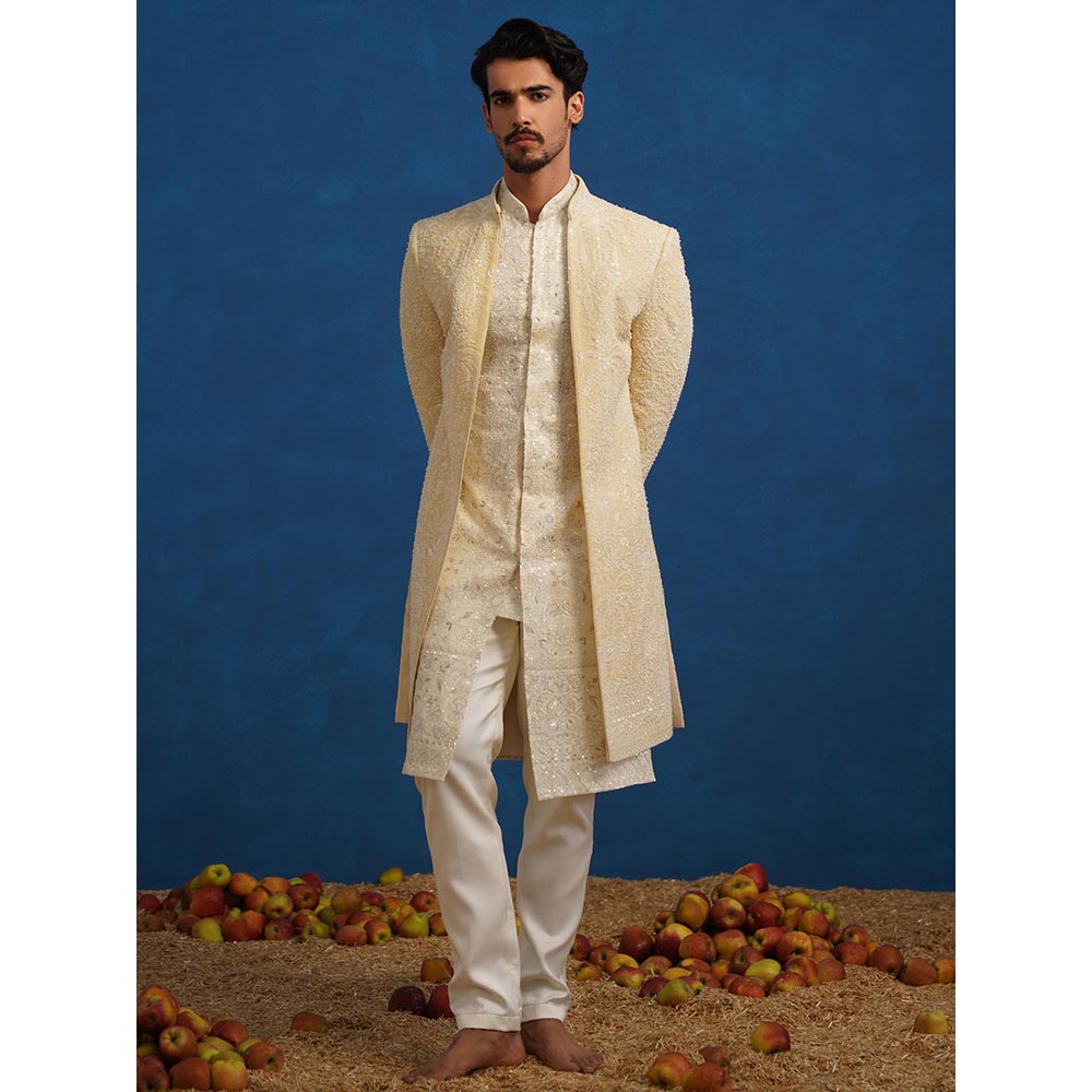 KALPRAAG Zorawar Cut dana Beige Sherwani With Kurta And Pant