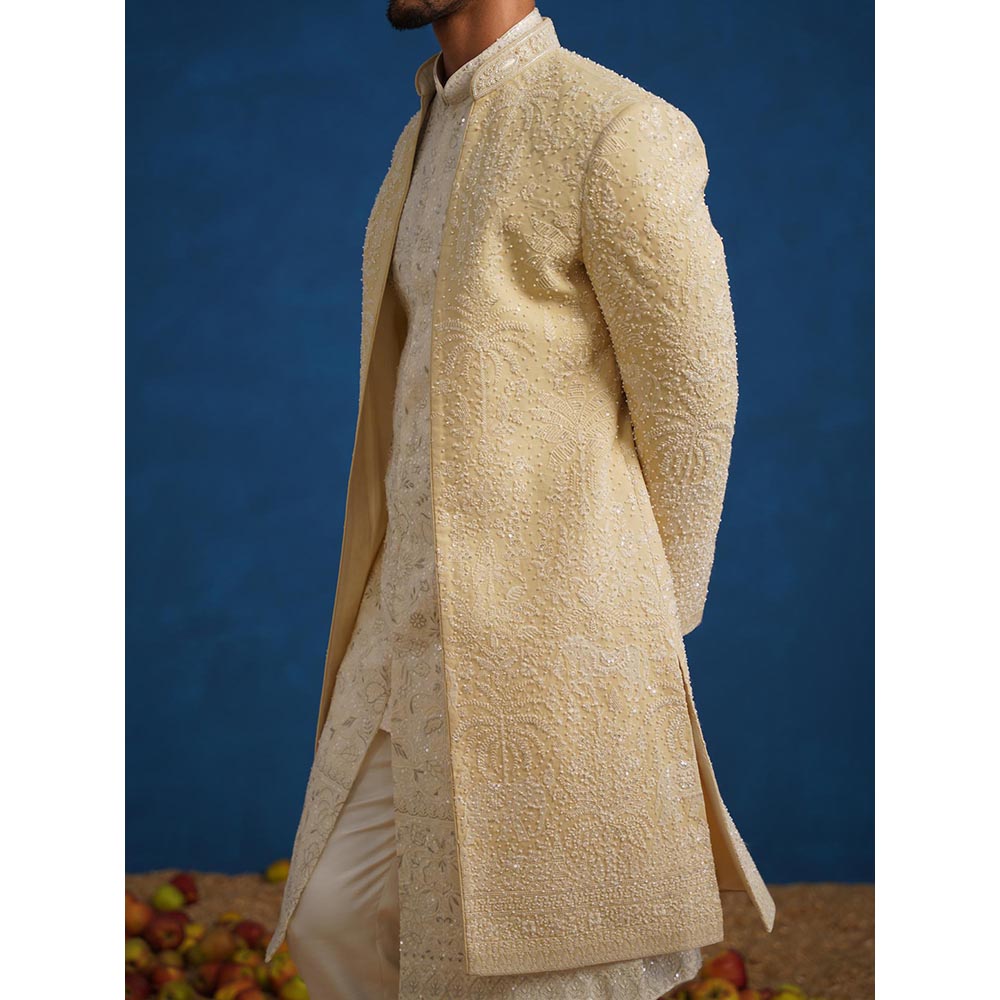 KALPRAAG Zorawar Cut dana Beige Sherwani With Kurta And Pant
