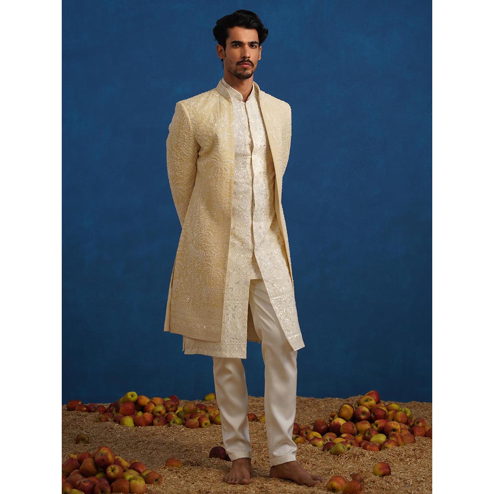 KALPRAAG Zorawar Cut dana Beige Sherwani With Kurta And Pant