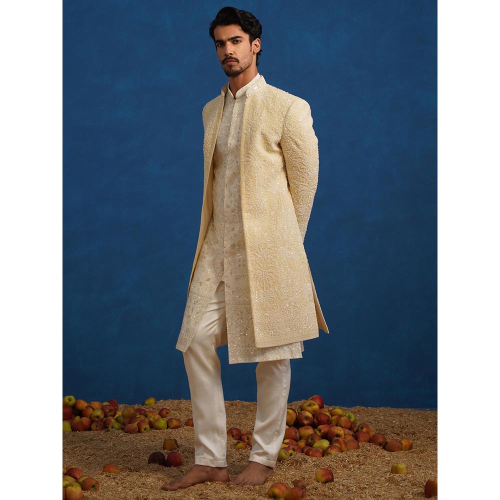 KALPRAAG Zorawar Cut dana Beige Sherwani With Kurta And Pant