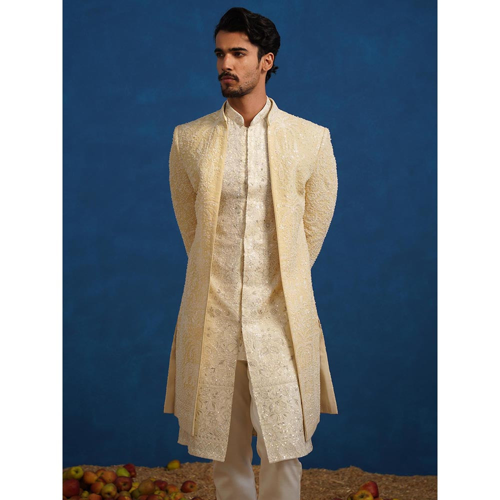 KALPRAAG Zorawar Cut dana Beige Sherwani With Kurta And Pant