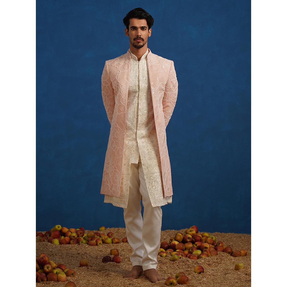 KALPRAAG Parthiv Cut dana Pink Sherwani With Kurta And Pant