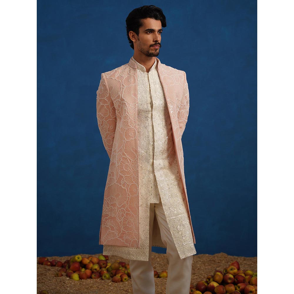 KALPRAAG Parthiv Cut dana Pink Sherwani With Kurta And Pant