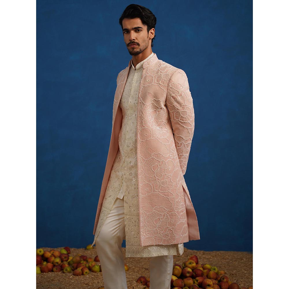 KALPRAAG Parthiv Cut dana Pink Sherwani With Kurta And Pant