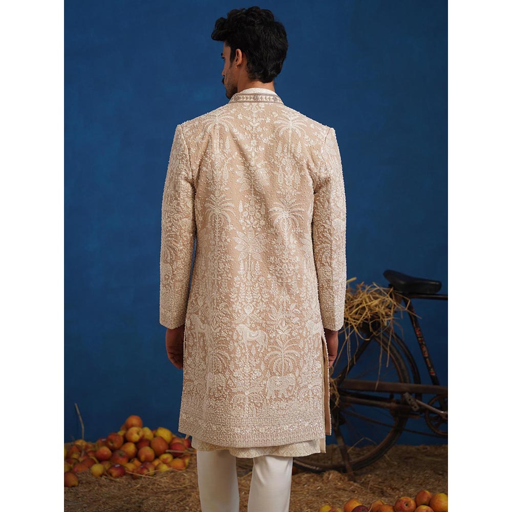 KALPRAAG Zorawar Cut dana Beige Sherwani With Kurta And Pant