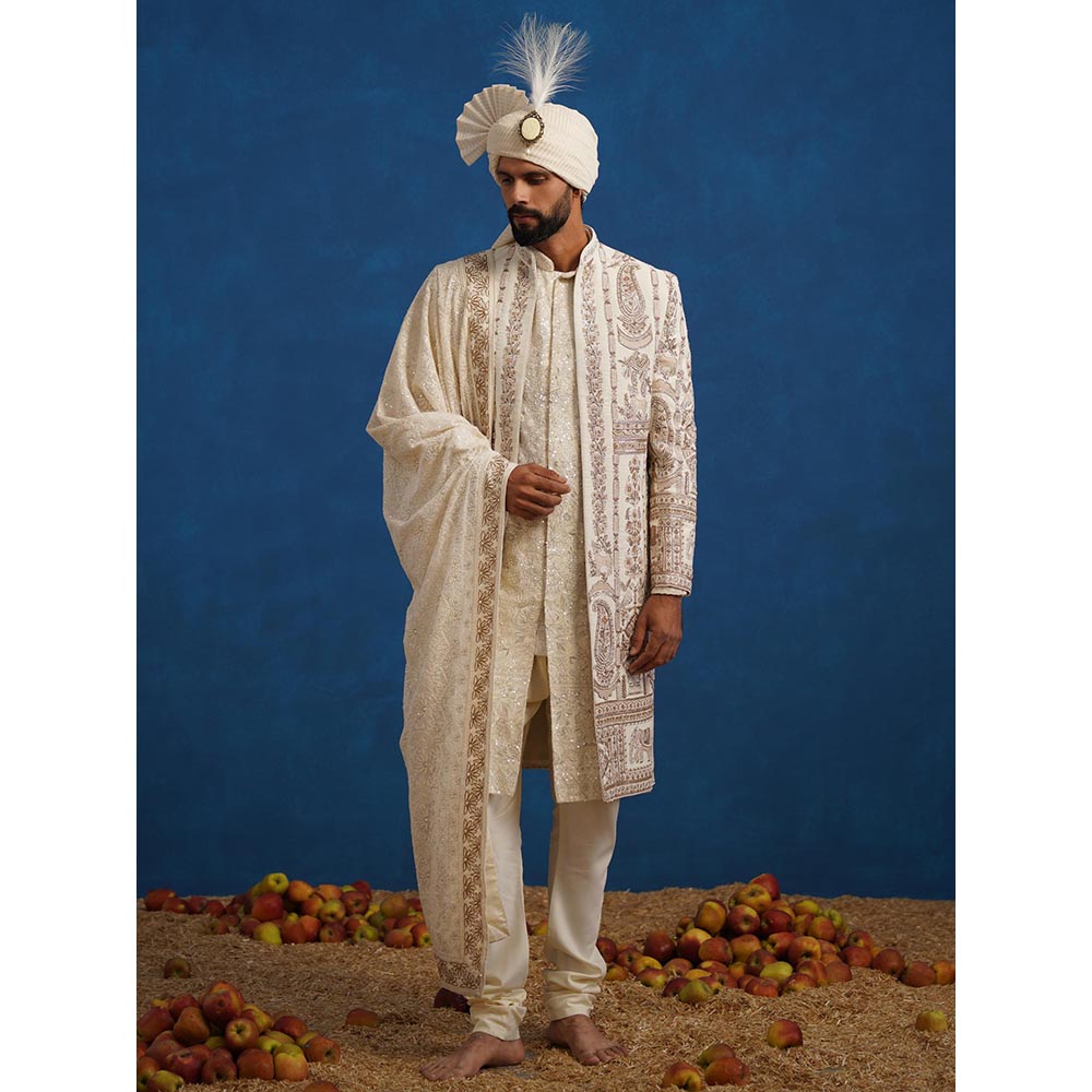 KALPRAAG Badshah Zardozi Cream Sherwani With Kurta, Churidar, Dupatta And Turban