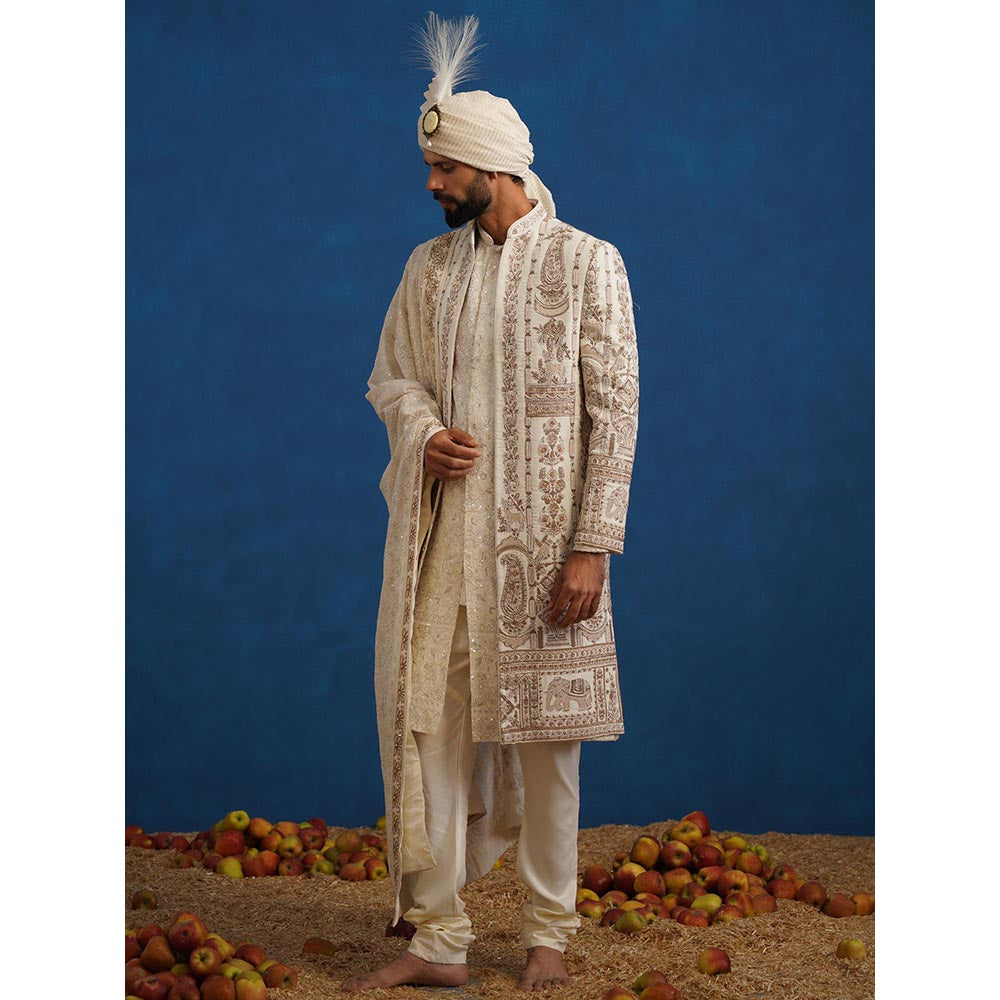 KALPRAAG Badshah Zardozi Cream Sherwani With Kurta, Churidar, Dupatta And Turban