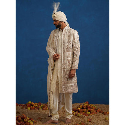 KALPRAAG Badshah Zardozi Cream Sherwani With Kurta, Churidar, Dupatta And Turban