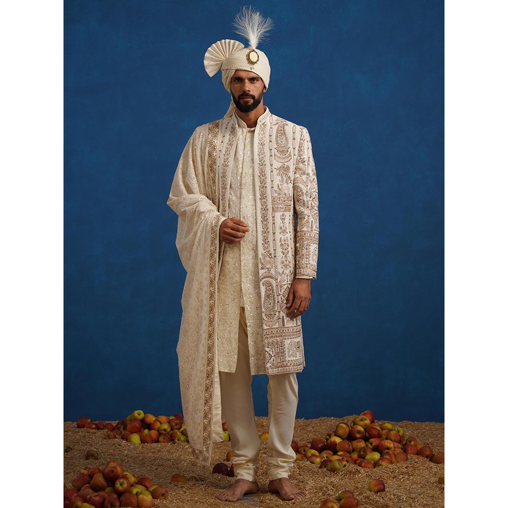 KALPRAAG Badshah Zardozi Cream Sherwani With Kurta, Churidar, Dupatta And Turban