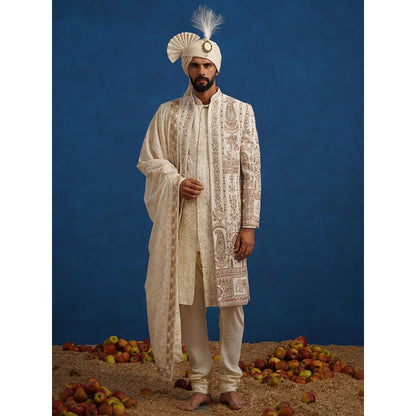KALPRAAG Badshah Zardozi Cream Sherwani With Kurta, Churidar, Dupatta And Turban