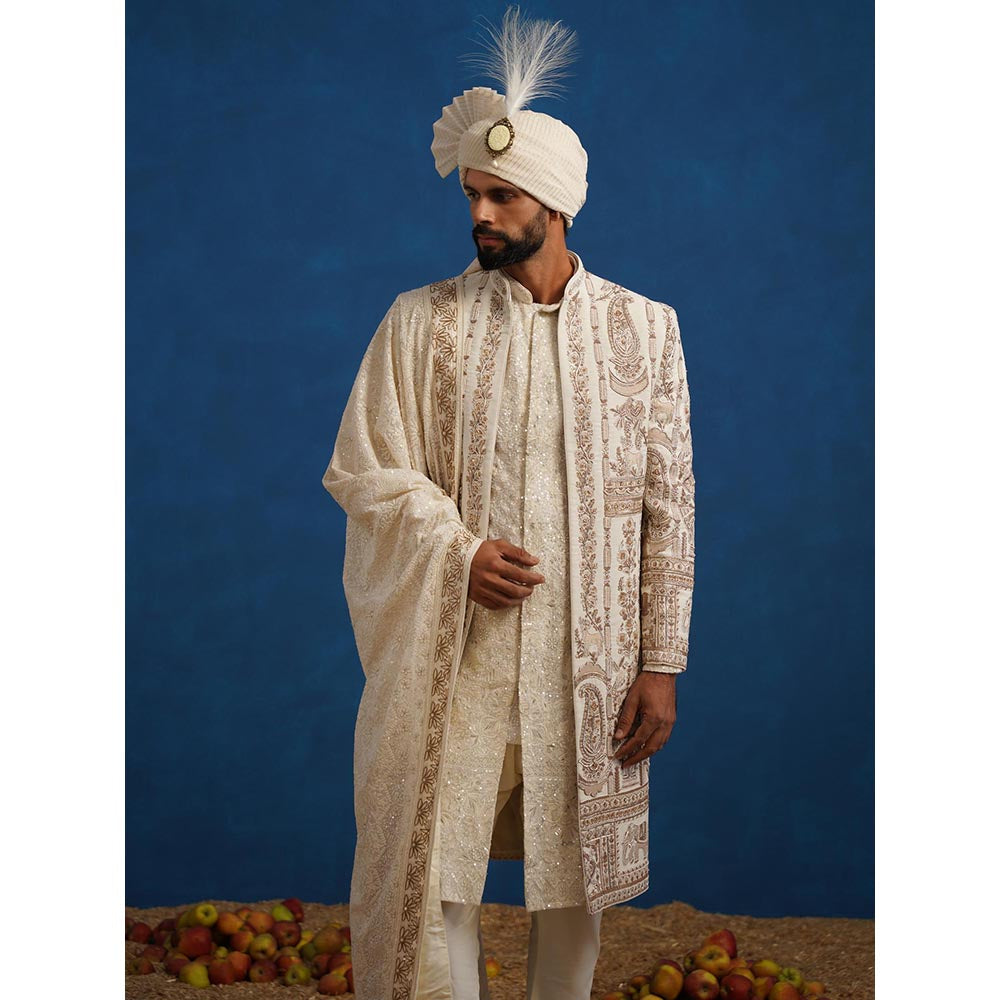 KALPRAAG Badshah Zardozi Cream Sherwani With Kurta, Churidar, Dupatta And Turban