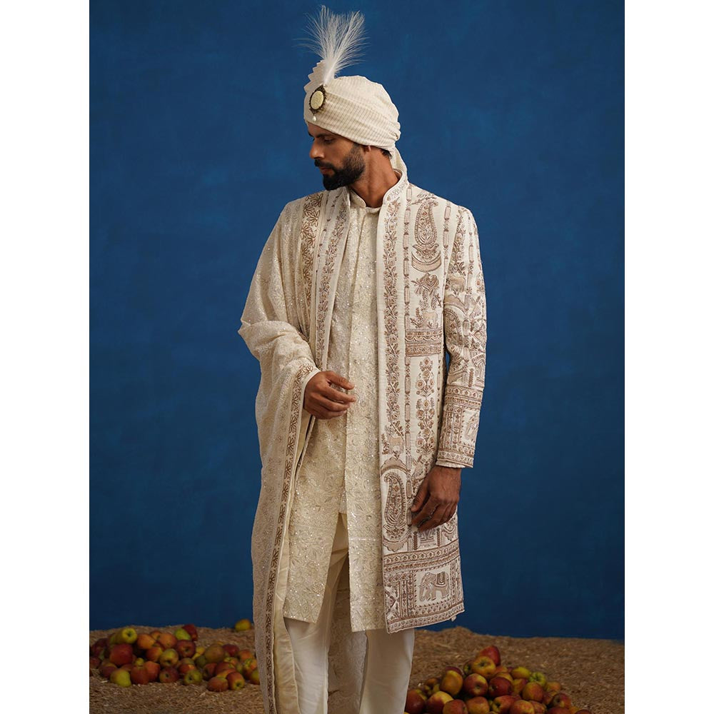 KALPRAAG Badshah Zardozi Cream Sherwani With Kurta, Churidar, Dupatta And Turban