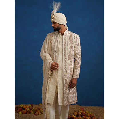 KALPRAAG Badshah Zardozi Cream Sherwani With Kurta, Churidar, Dupatta And Turban