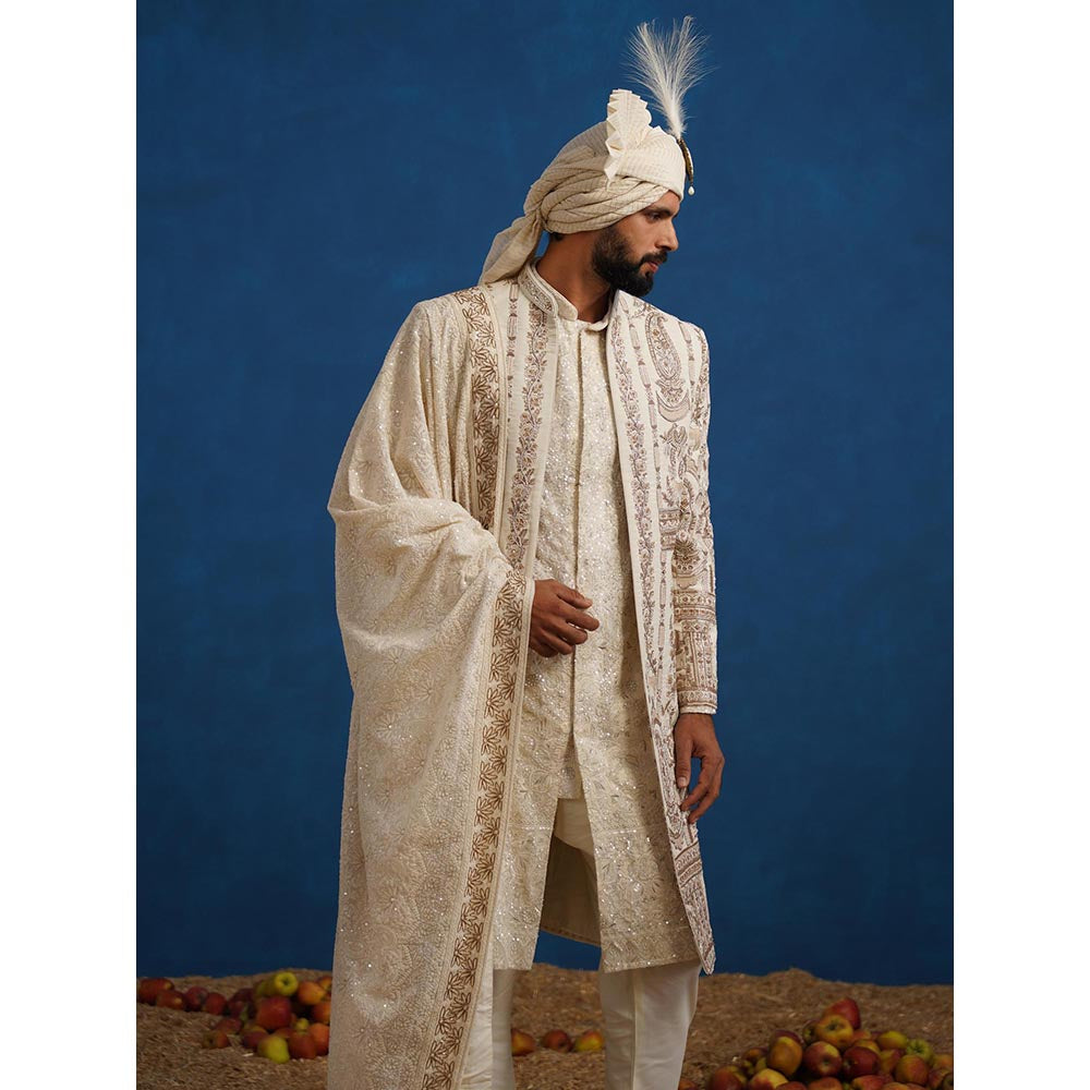 KALPRAAG Badshah Zardozi Cream Sherwani With Kurta, Churidar, Dupatta And Turban
