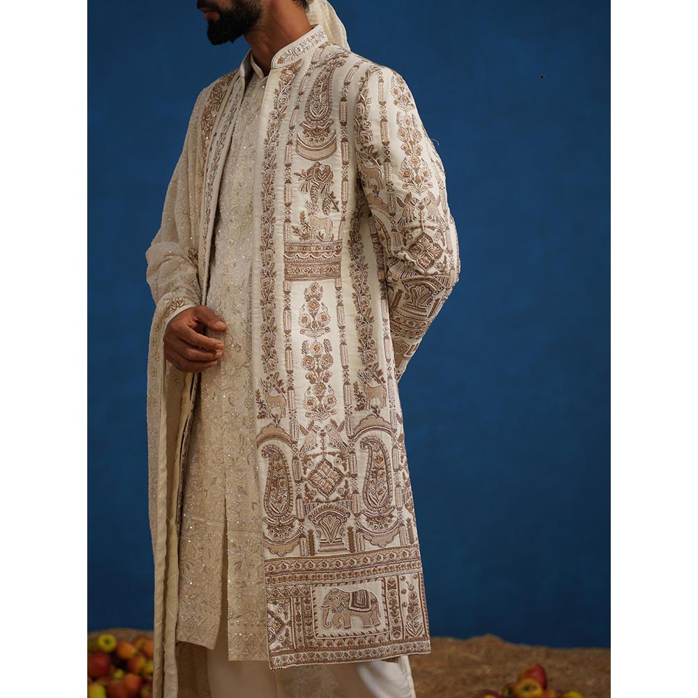 KALPRAAG Badshah Zardozi Cream Sherwani With Kurta, Churidar, Dupatta And Turban