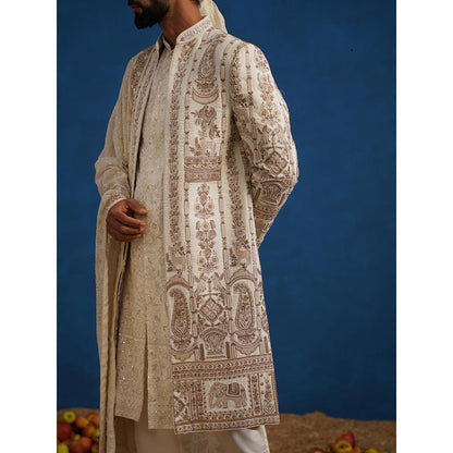 KALPRAAG Badshah Zardozi Cream Sherwani With Kurta, Churidar, Dupatta And Turban