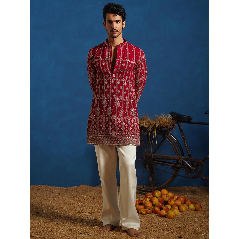 KALPRAAG Red Surkh Hot Pink Short Kurta With Pant