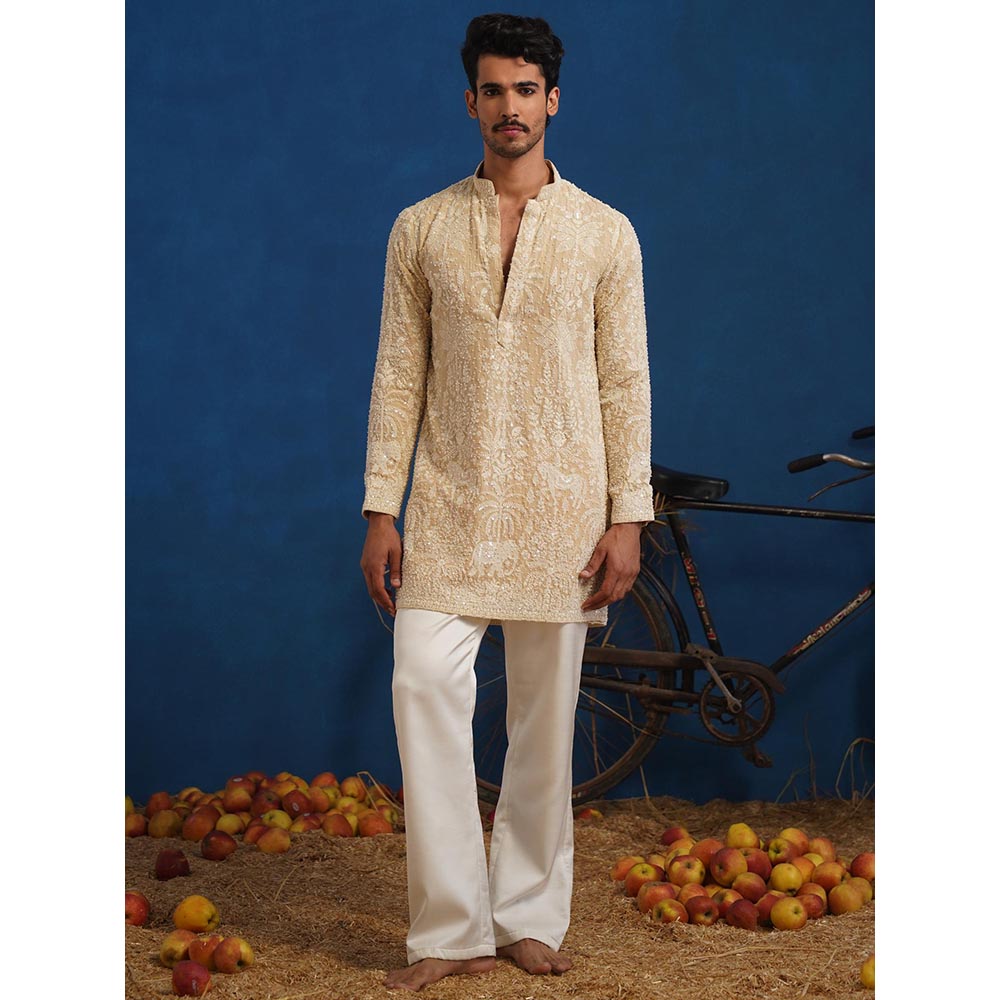 KALPRAAG Yuvraj Cut dana Beige Short Kurta With Pant