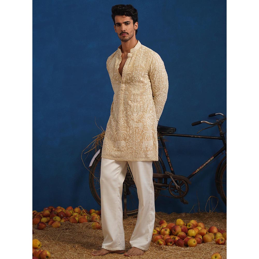 KALPRAAG Yuvraj Cut dana Beige Short Kurta With Pant