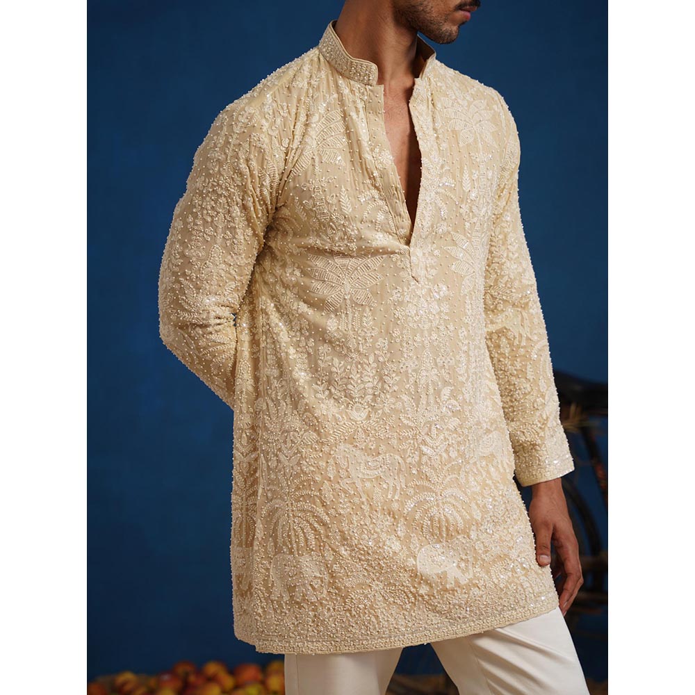 KALPRAAG Yuvraj Cut dana Beige Short Kurta With Pant