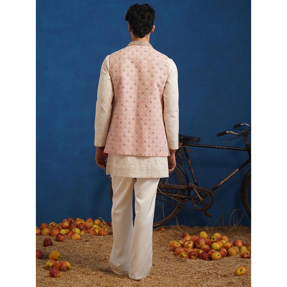 KALPRAAG Prateek Pink Short Kurta With Nehru Jacket And Pant