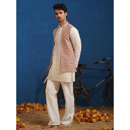 KALPRAAG Prateek Pink Short Kurta With Nehru Jacket And Pant