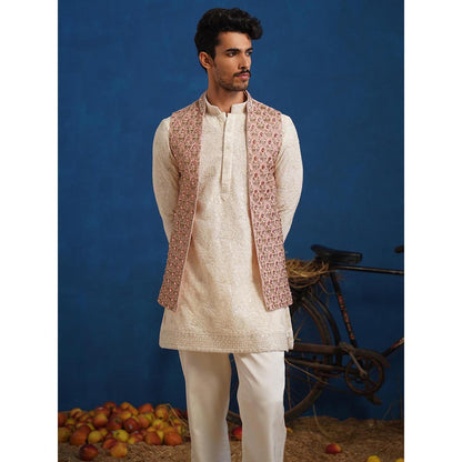 KALPRAAG Prateek Pink Short Kurta With Nehru Jacket And Pant