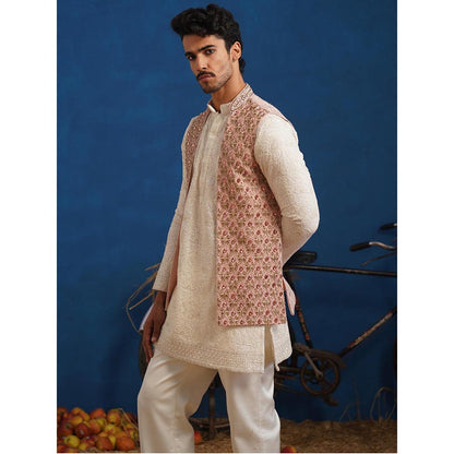 KALPRAAG Prateek Pink Short Kurta With Nehru Jacket And Pant