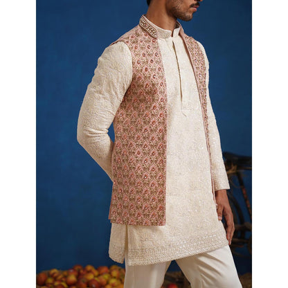 KALPRAAG Prateek Pink Short Kurta With Nehru Jacket And Pant