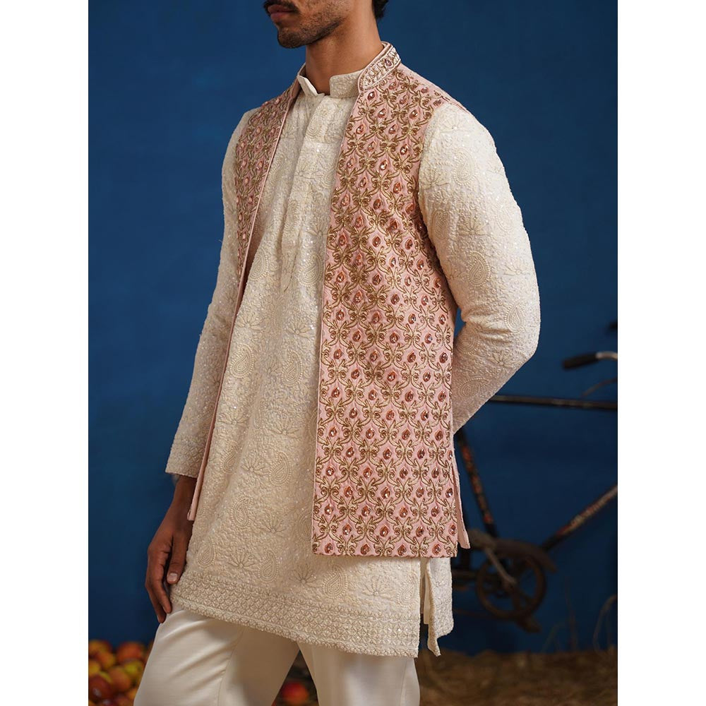 KALPRAAG Prateek Pink Short Kurta With Nehru Jacket And Pant