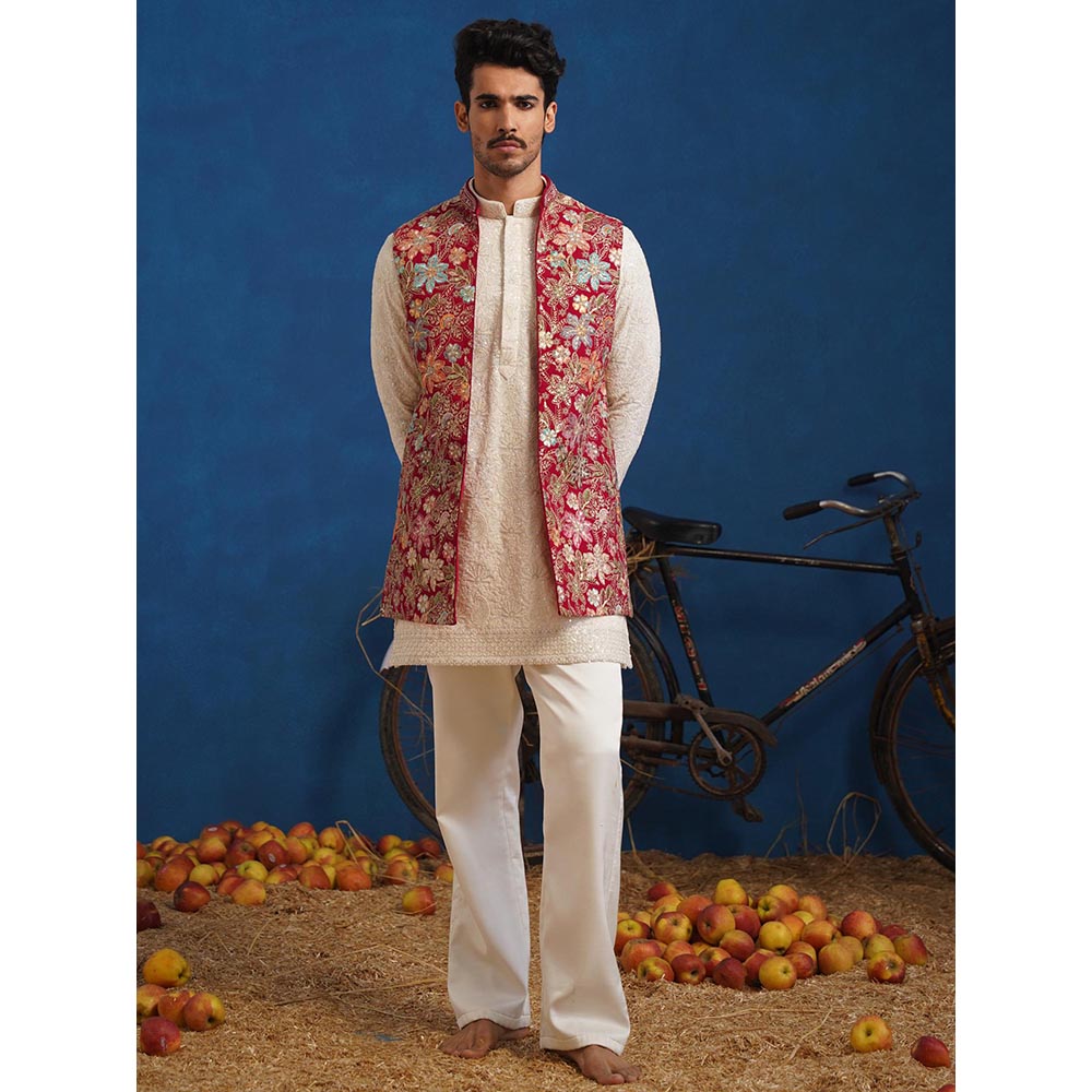 KALPRAAG Devish Hot Pink Short Kurta With Nehru Jacket And Pant