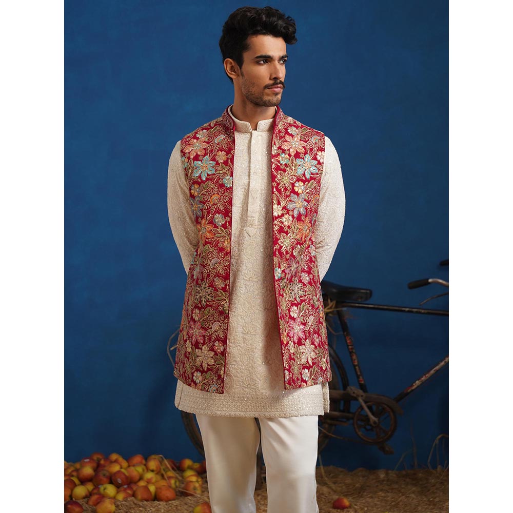 KALPRAAG Devish Hot Pink Short Kurta With Nehru Jacket And Pant
