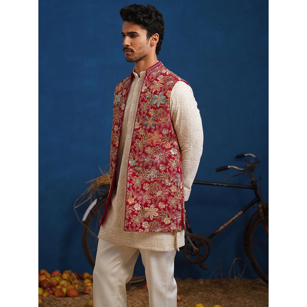 KALPRAAG Devish Hot Pink Short Kurta With Nehru Jacket And Pant