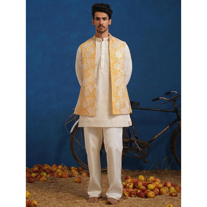 KALPRAAG Yellow Chitray Haldi Short Kurta With Nehru Jacket And Pant