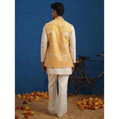 KALPRAAG Yellow Chitray Haldi Short Kurta With Nehru Jacket And Pant