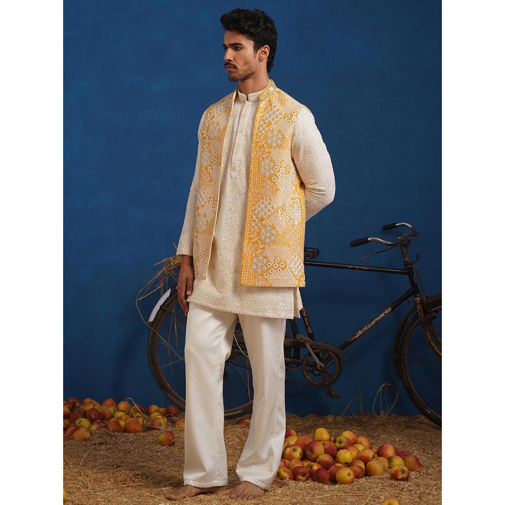 KALPRAAG Yellow Chitray Haldi Short Kurta With Nehru Jacket And Pant