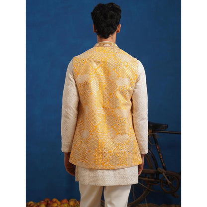 KALPRAAG Yellow Chitray Haldi Short Kurta With Nehru Jacket And Pant