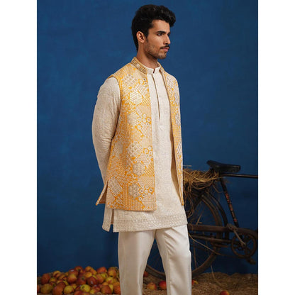 KALPRAAG Yellow Chitray Haldi Short Kurta With Nehru Jacket And Pant