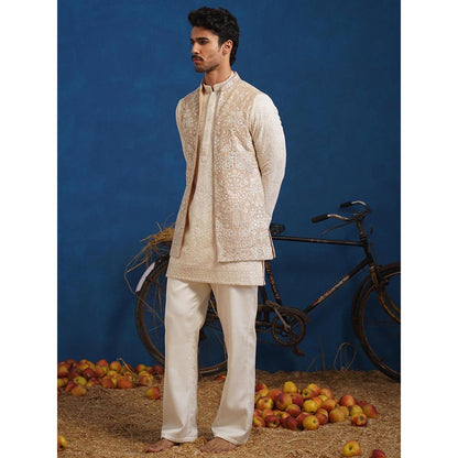 KALPRAAG Anvith Mirror Beige Short Kurta With Nehru Jacket And Pant