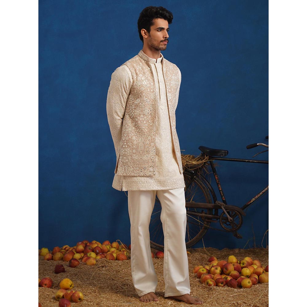 KALPRAAG Anvith Mirror Beige Short Kurta With Nehru Jacket And Pant