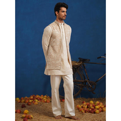 KALPRAAG Anvith Mirror Beige Short Kurta With Nehru Jacket And Pant