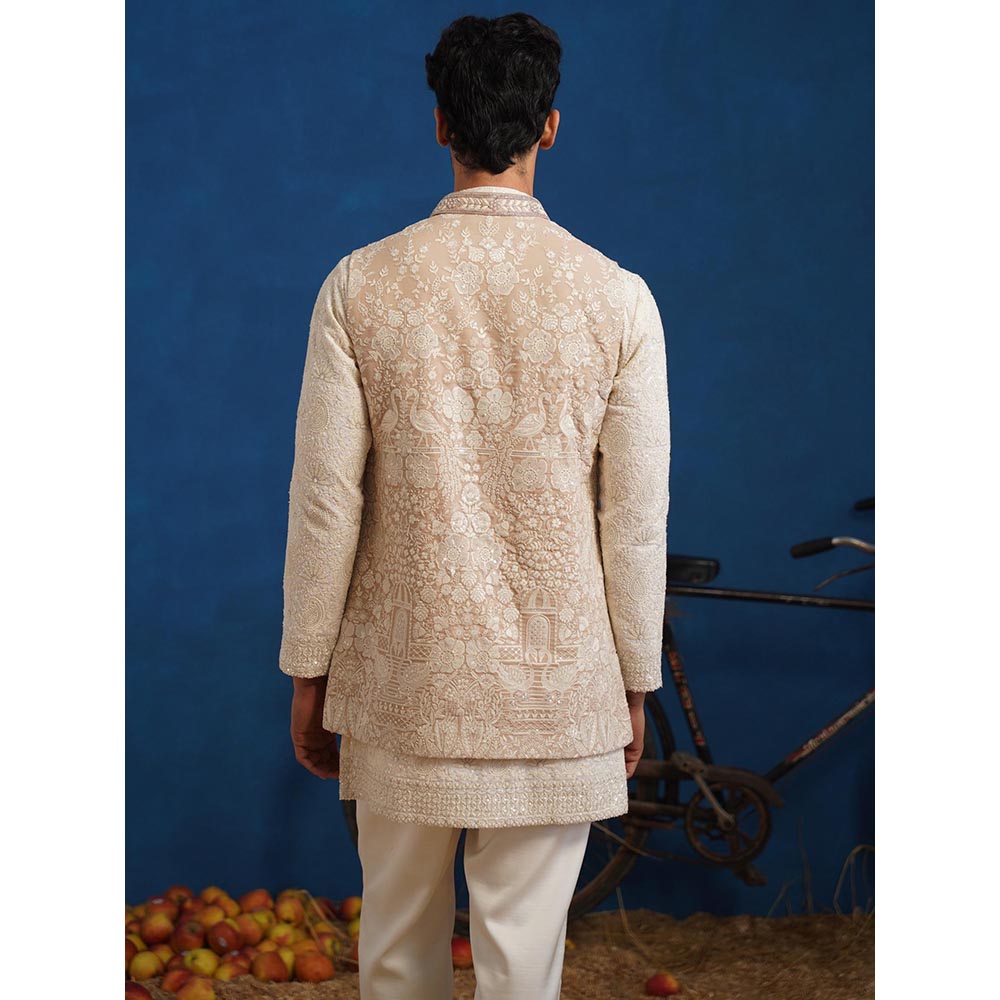KALPRAAG Anvith Mirror Beige Short Kurta With Nehru Jacket And Pant