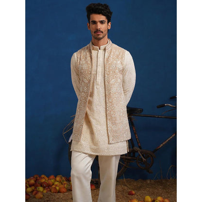 KALPRAAG Anvith Mirror Beige Short Kurta With Nehru Jacket And Pant
