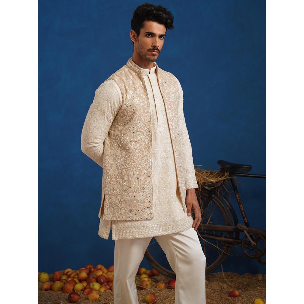 KALPRAAG Anvith Mirror Beige Short Kurta With Nehru Jacket And Pant