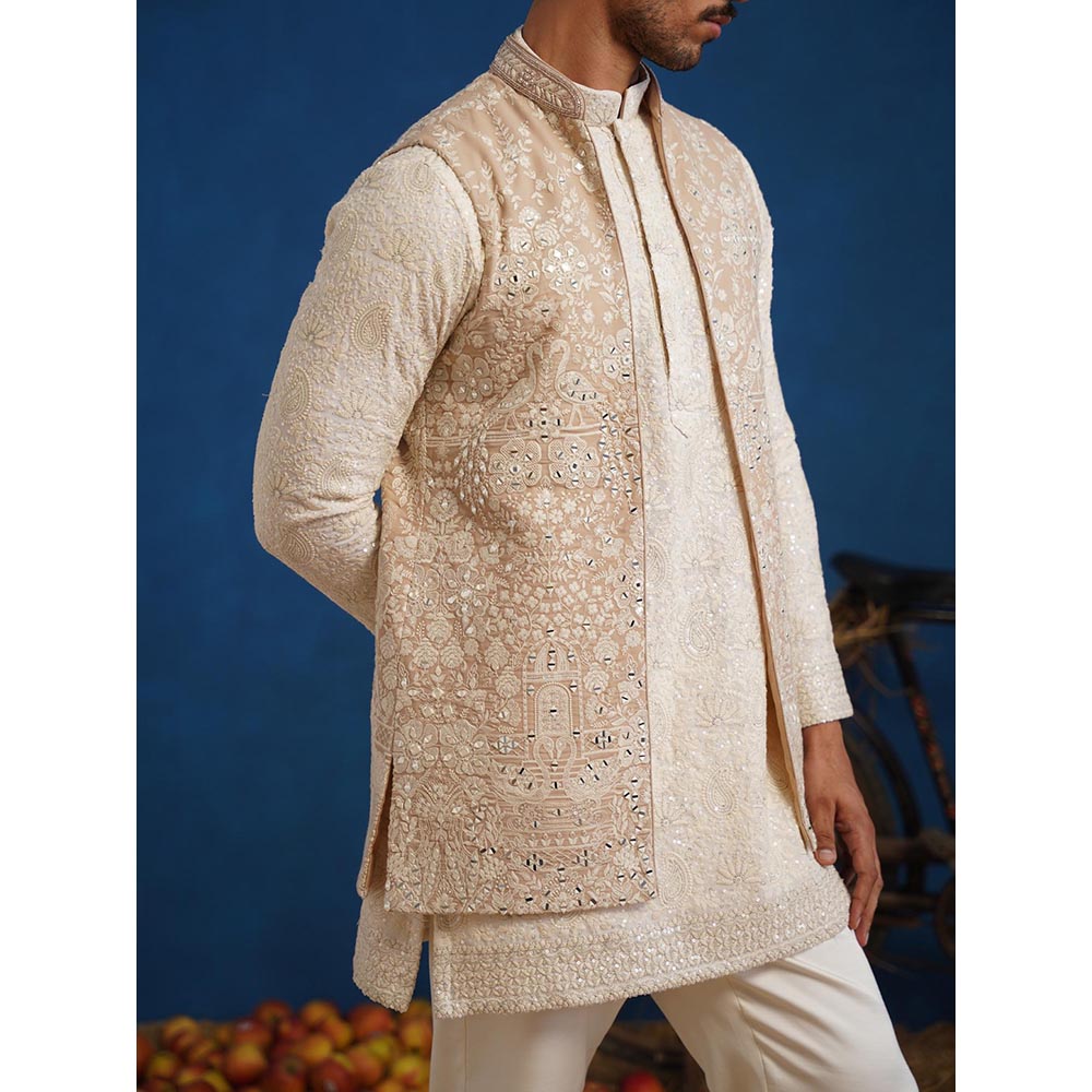 KALPRAAG Anvith Mirror Beige Short Kurta With Nehru Jacket And Pant