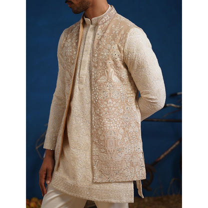 KALPRAAG Anvith Mirror Beige Short Kurta With Nehru Jacket And Pant