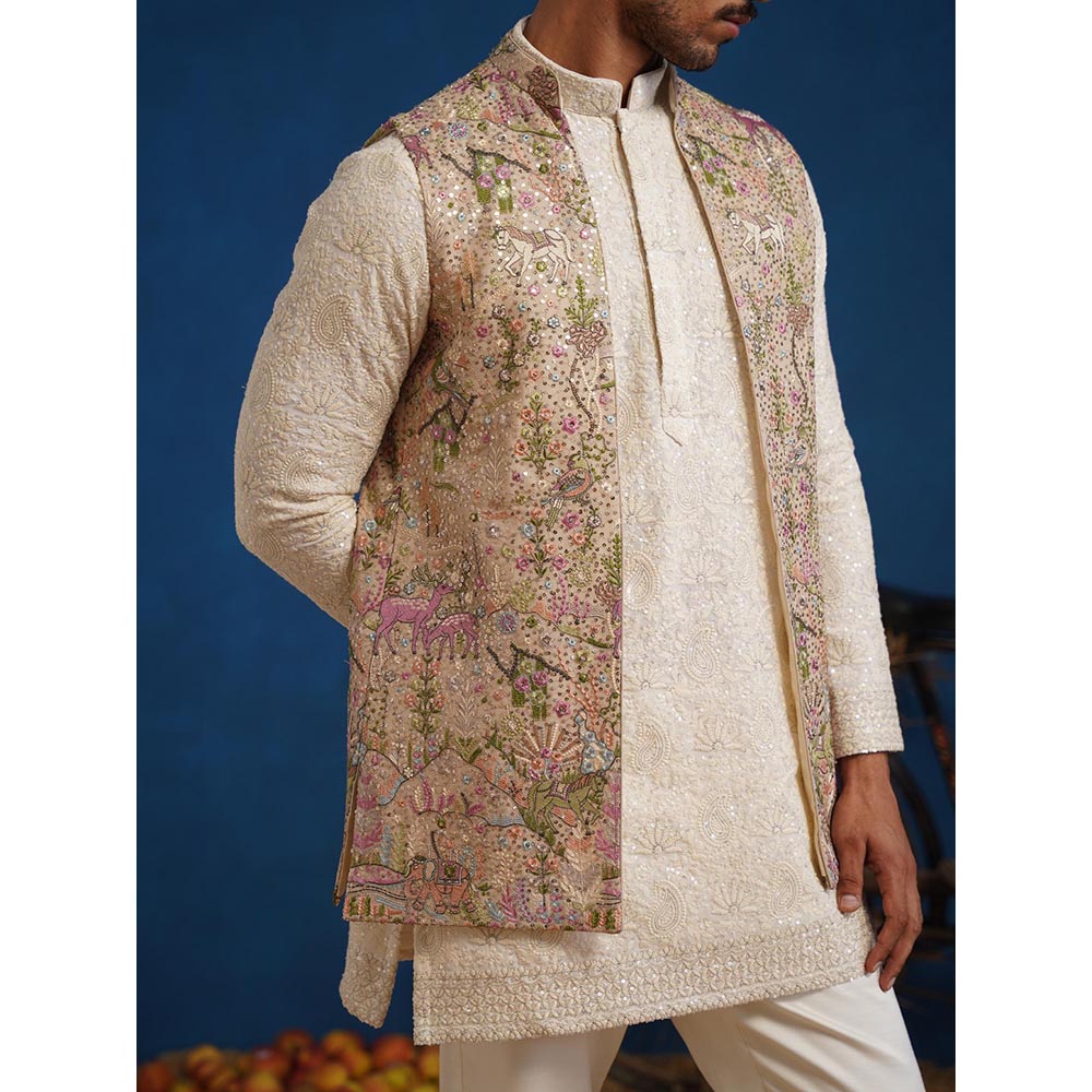 KALPRAAG Brown Nakul Chiku Short Kurta With Nehru Jacket And Pant